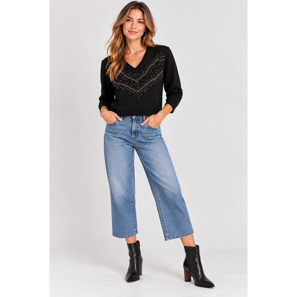 Democracy Womens Black Sequin Embellished V-Neck Sweater Side Tie S NWT